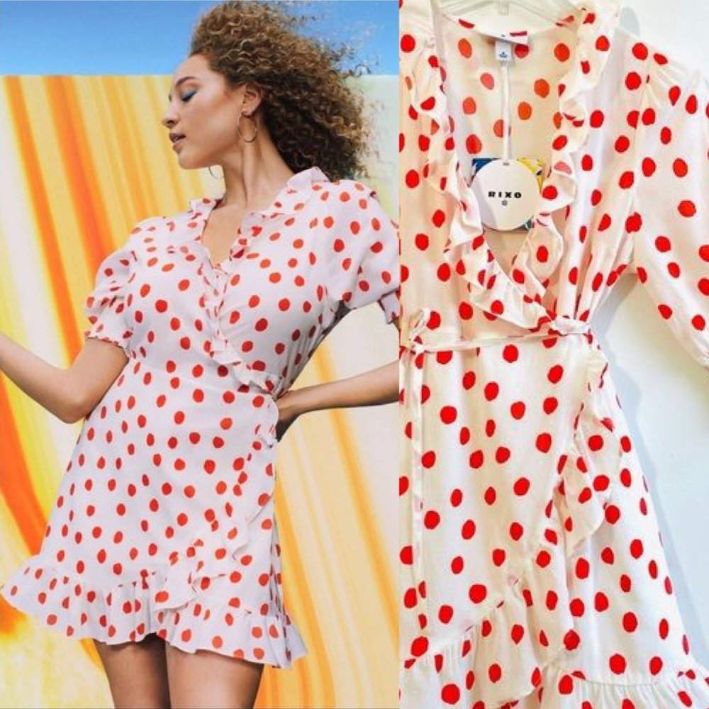 Rixo Woman's Dress Medium Red Polka Dot Mini Wrap Ruffle Belted Half Sleeve New